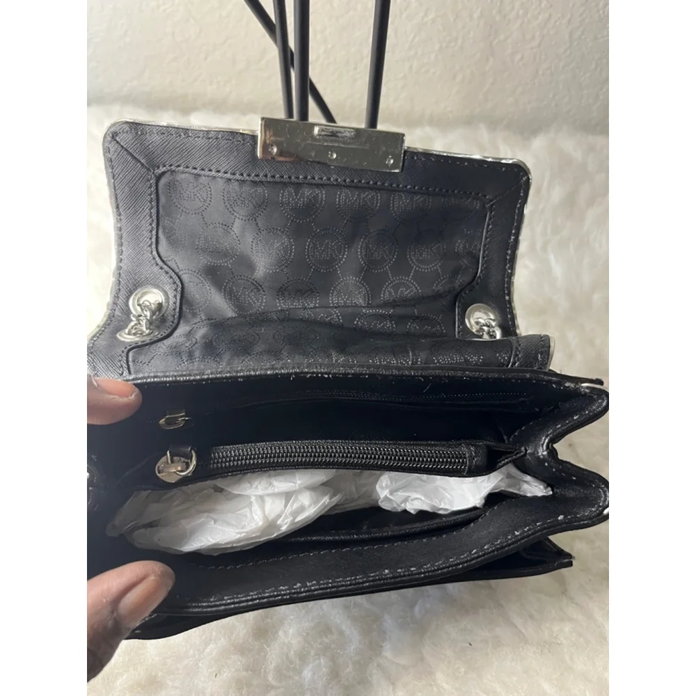Michael Kors Sloan Specchio Shoulder Flap Bag Black Saffiano Leather Silver Trim
